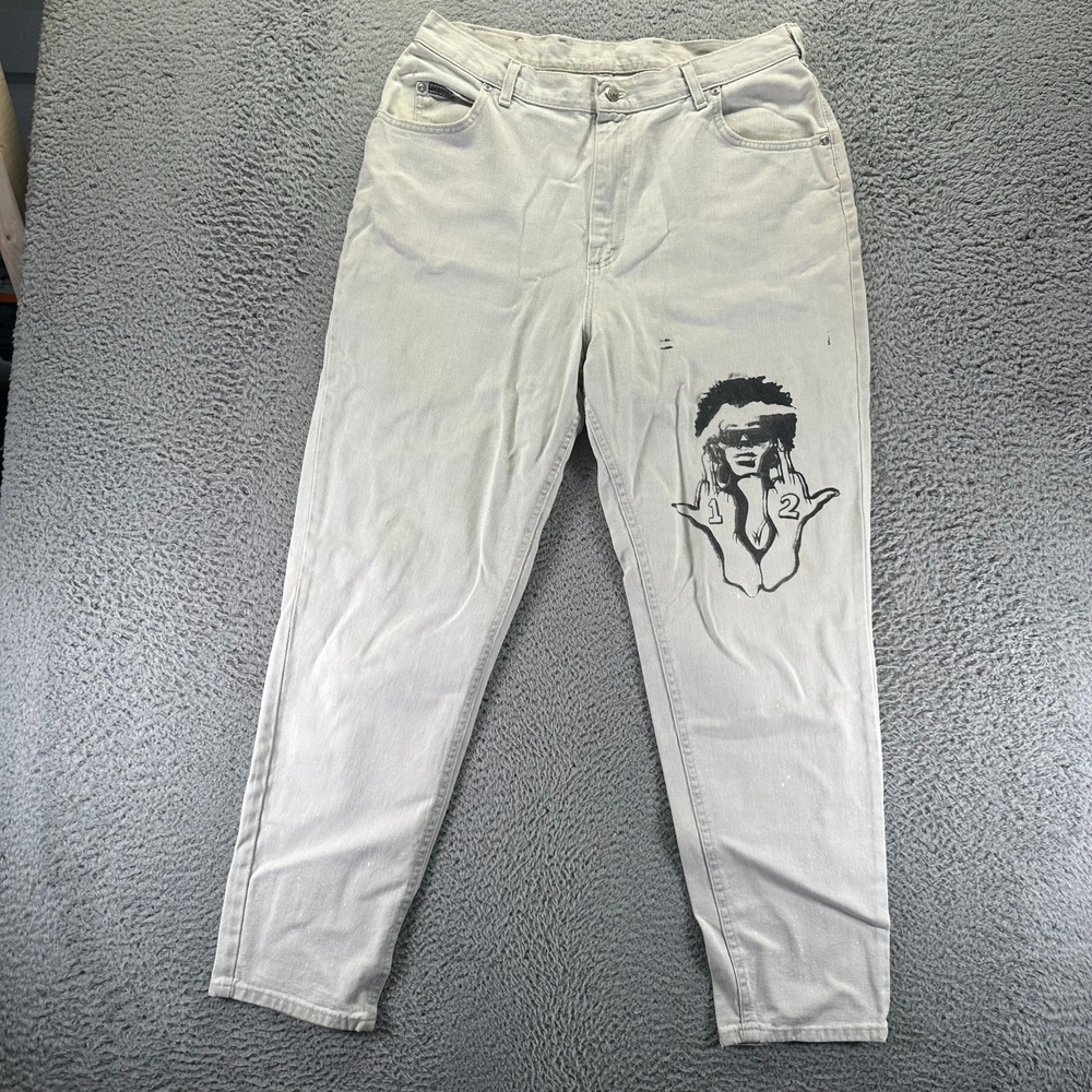 Vintage Lee Riveted Jeans Womens 18 White Cotton Denim Tapered Workwear Made USA